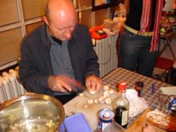 Andreas helps out with cutting mushrooms